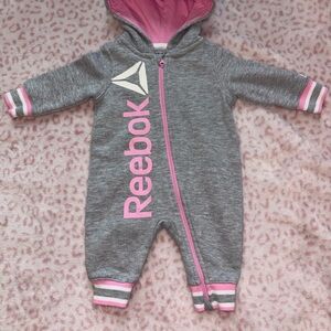 Reebok Gray & Pink Hooded Baby One-Piece Romper